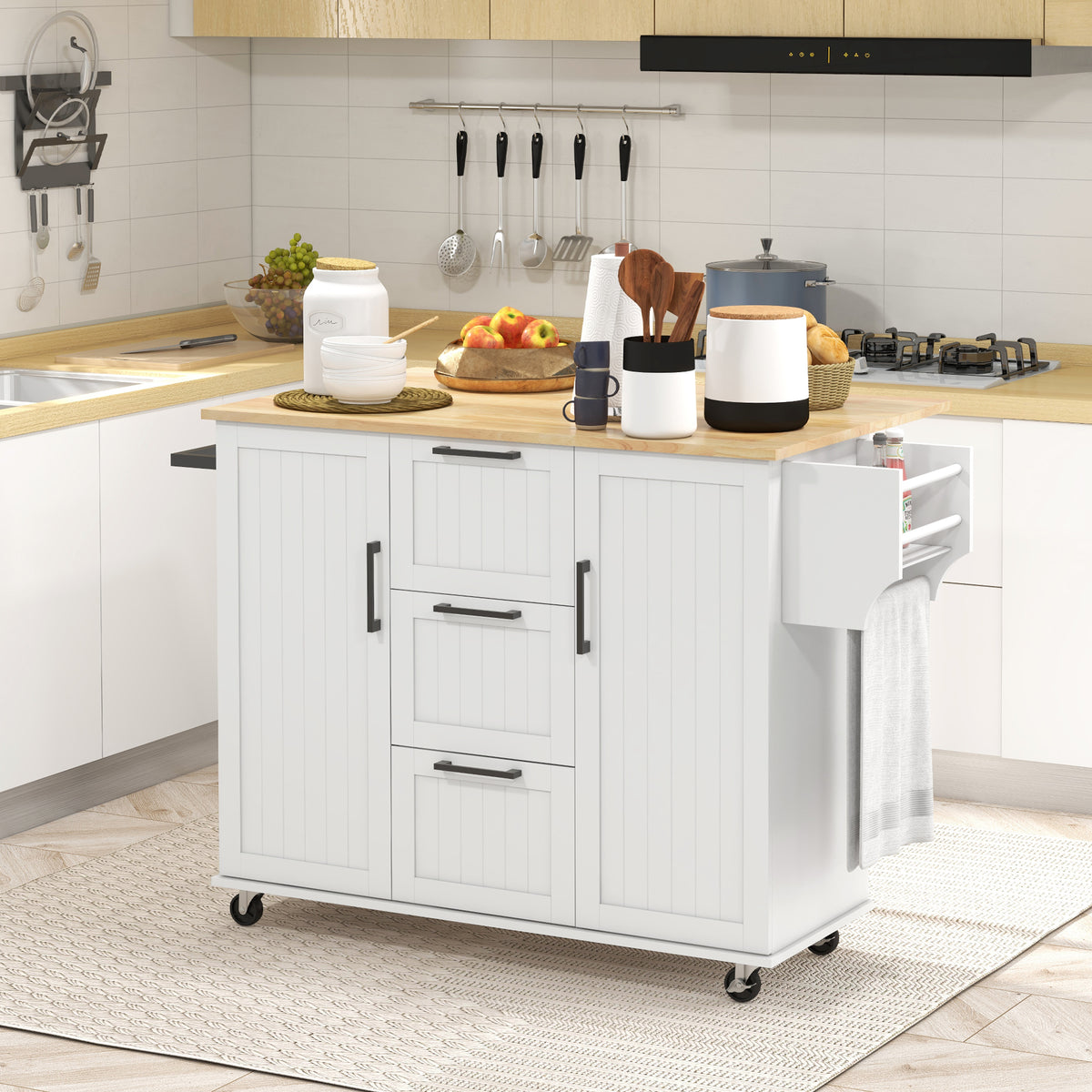 Rolling Kitchen Cart on Wheels with Drop Leaf – 52"W x 36"H