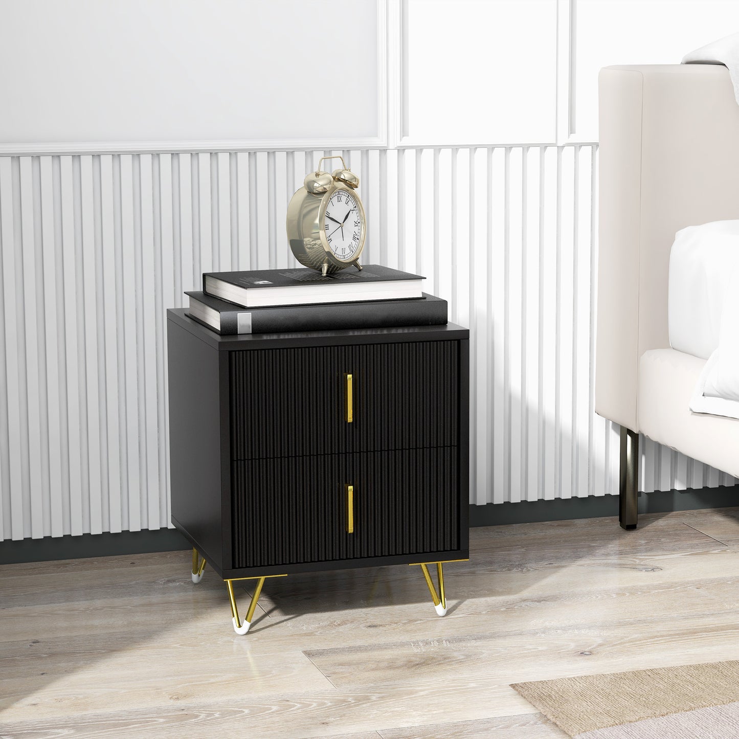 HOMCOM Modern Black 2-Drawer Bedside Nightstand, Fluted Fronts, Golden Metal Legs