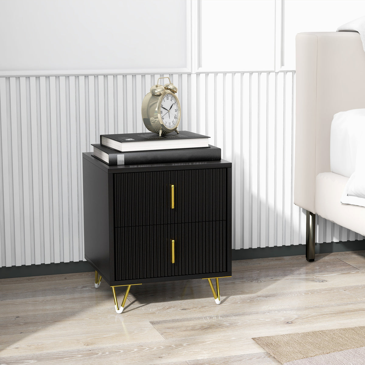 Modern 2-Drawer Nightstand with Metal Legs – 16"W x 19"H