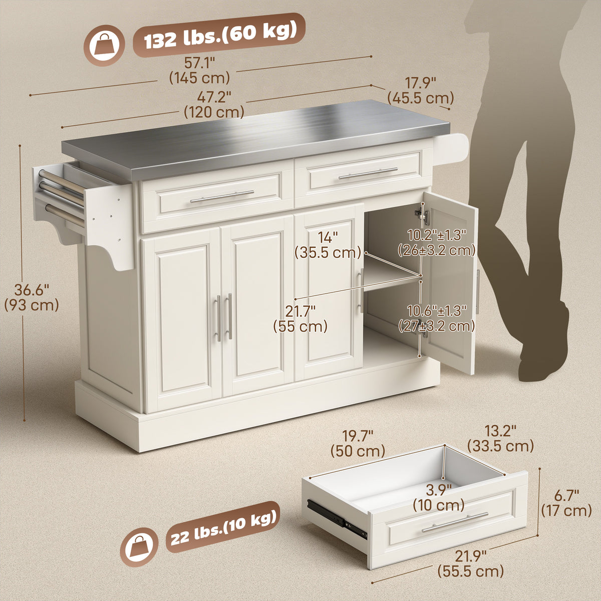 Rolling Kitchen Island with Stainless Steel Top – 57"W x 37"H