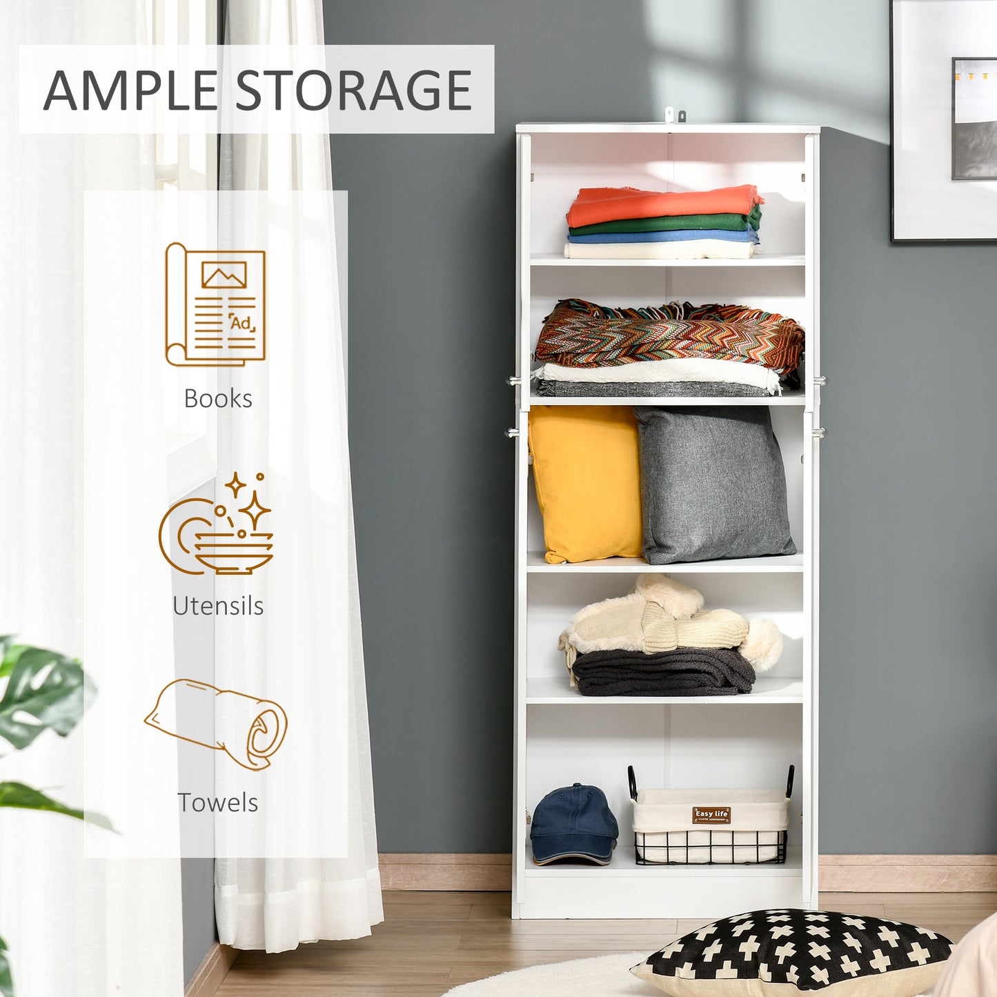 HOMCOM Pantry Cabinet White 61" Tall Freestanding