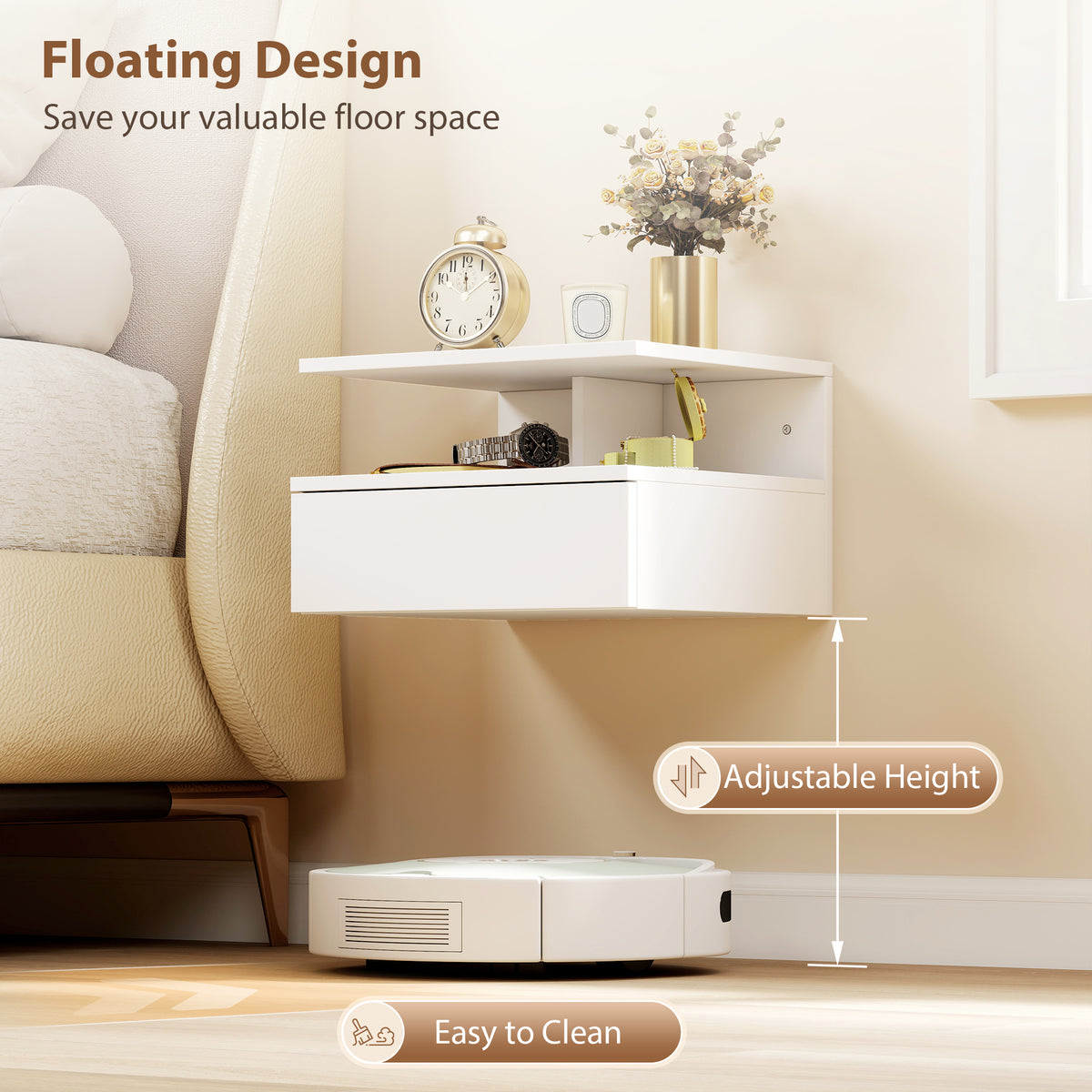 Floating Nightstands with Drawer and Shelf, Set of 2 – 14"W x 9"H