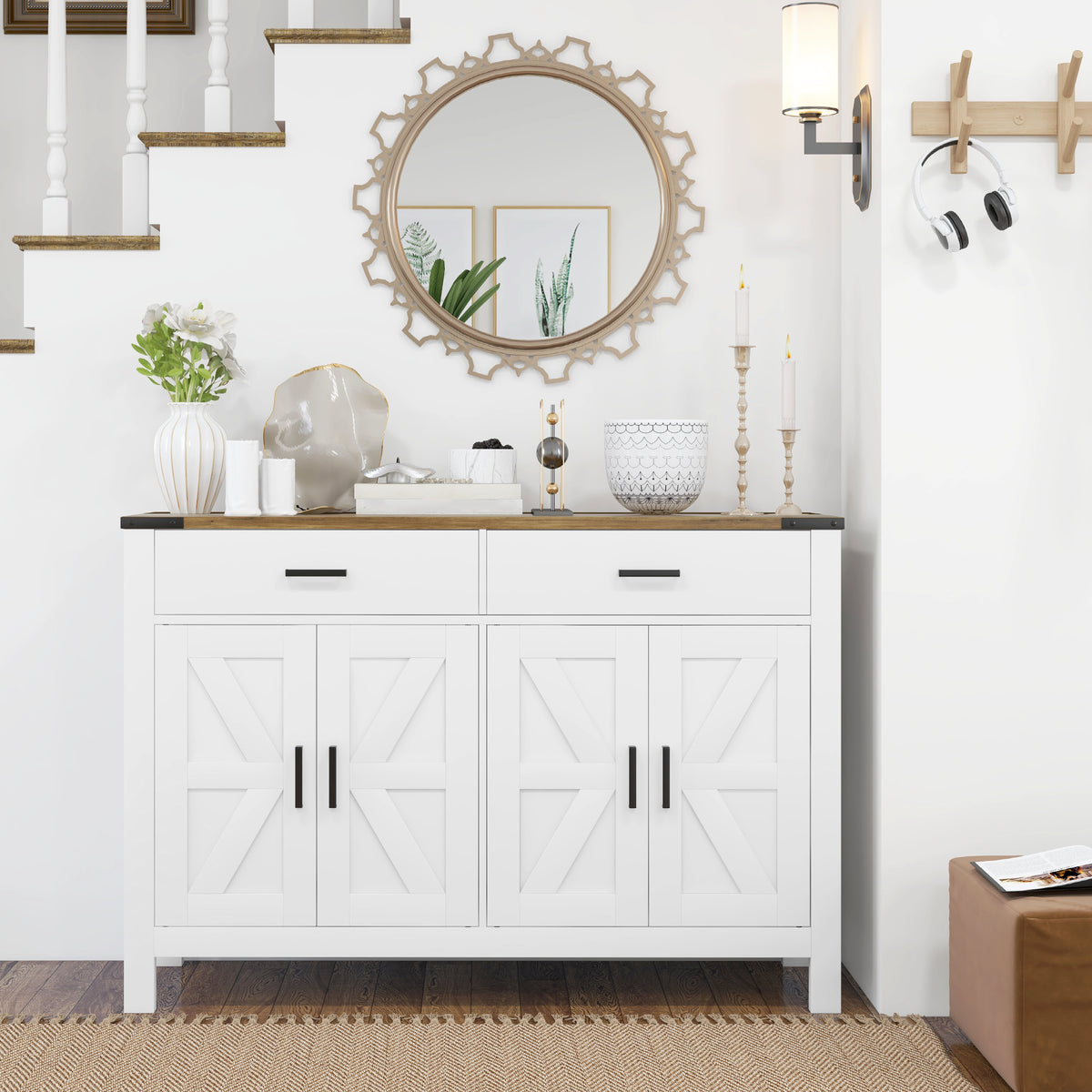 Farmhouse Kitchen Storage Cabinet with 2 Drawers and Shelves – 47"W x 33"H