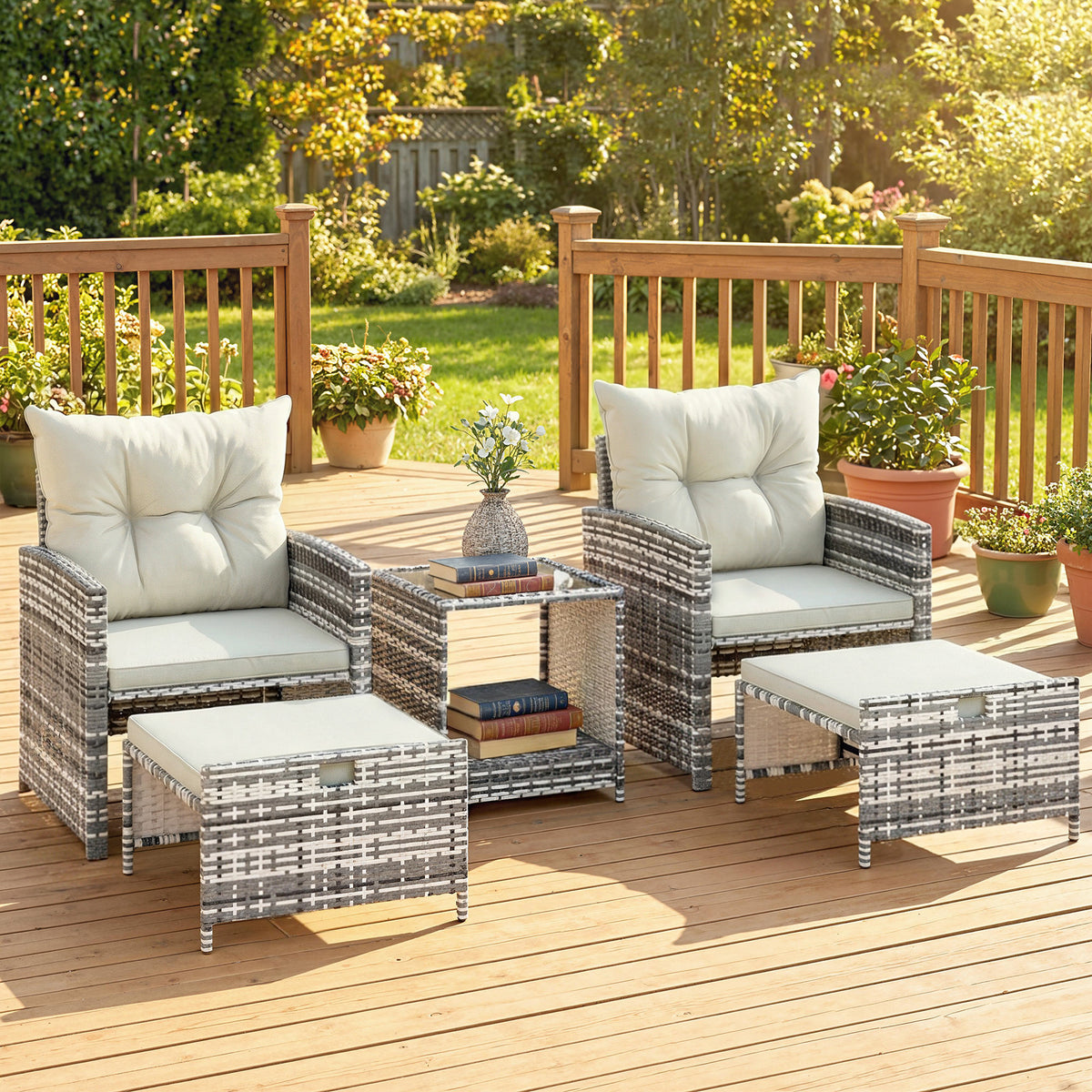5 Piece Patio Furniture Set, Wicker Patio Chairs with Ottomans, 2-Tier Glass Coffee Table and Cushions, Grey/Dark – White