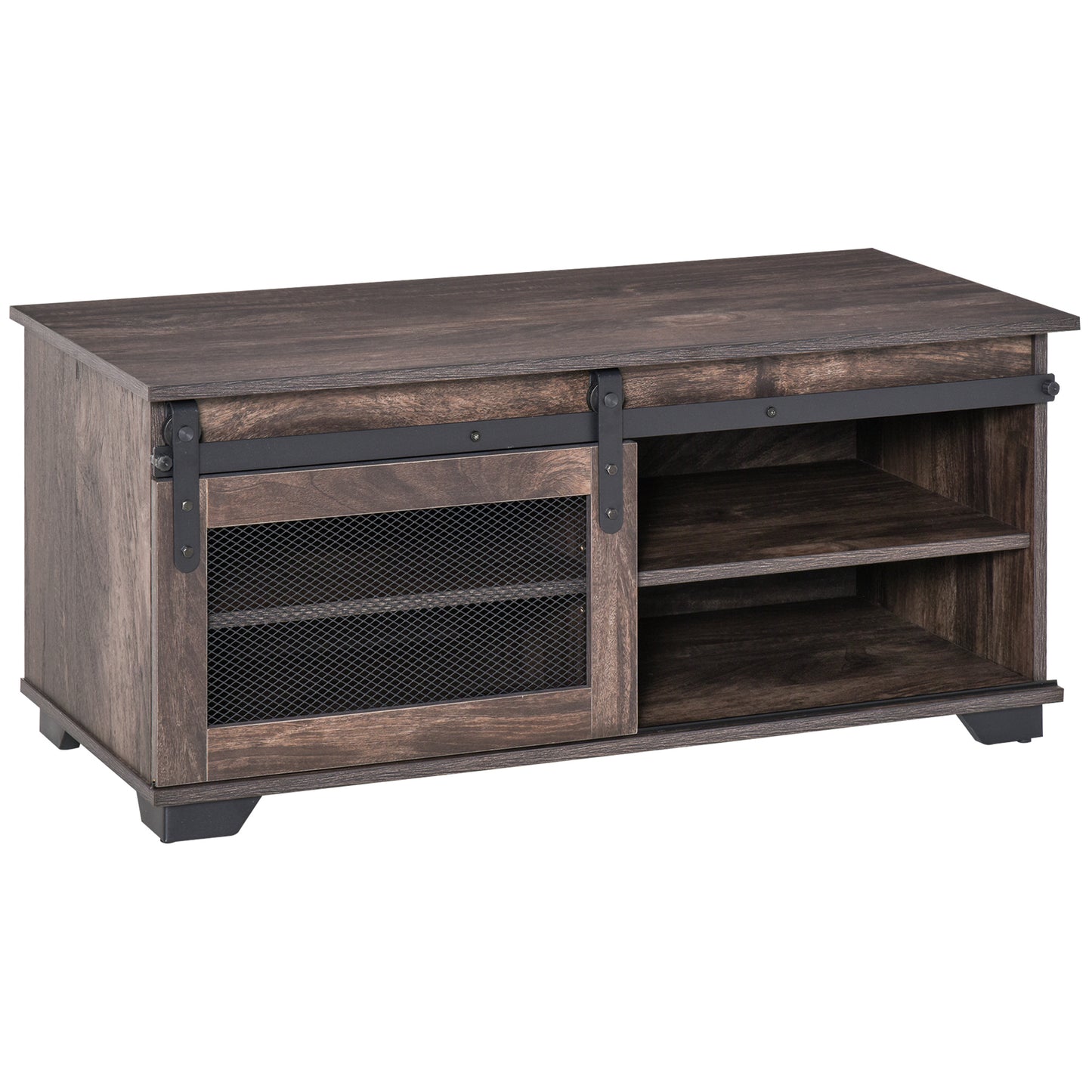 HOMCOM Farmhouse Industrial Coffee Table with Sliding Barn Door, Adjustable Shelf, Dark Brown