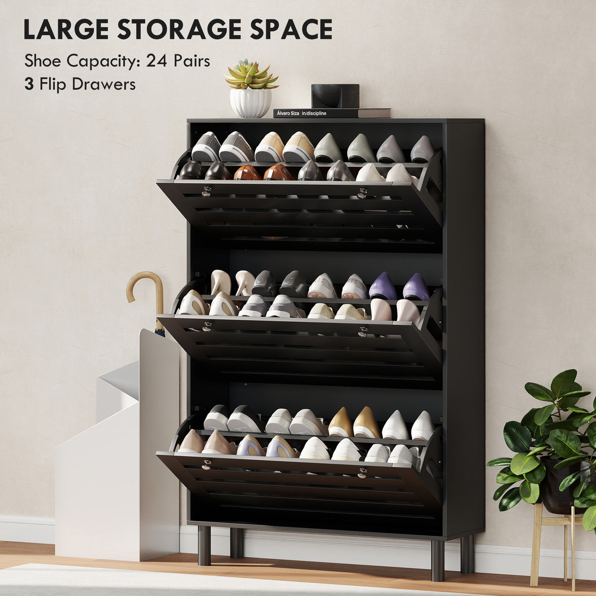 Narrow Shoe Cabinet with 3 Flip Drawers – 31"W x 48"H