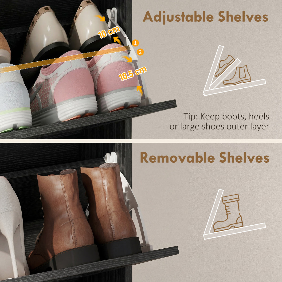 Narrow Shoe Storage Cabinet with 2 Flip Drawers – 31"W x 46"H