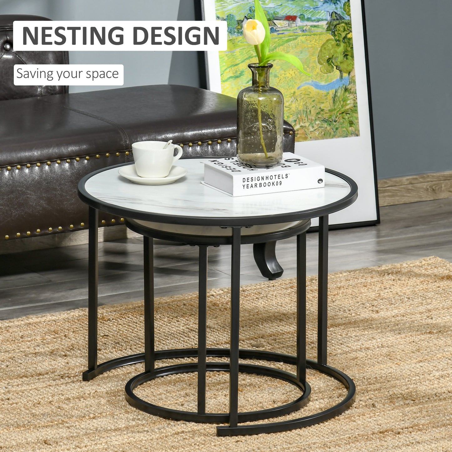 HOMCOM Round Nesting Coffee Table Set, Modern Faux Marble Top, Steel Frame, 2-Piece