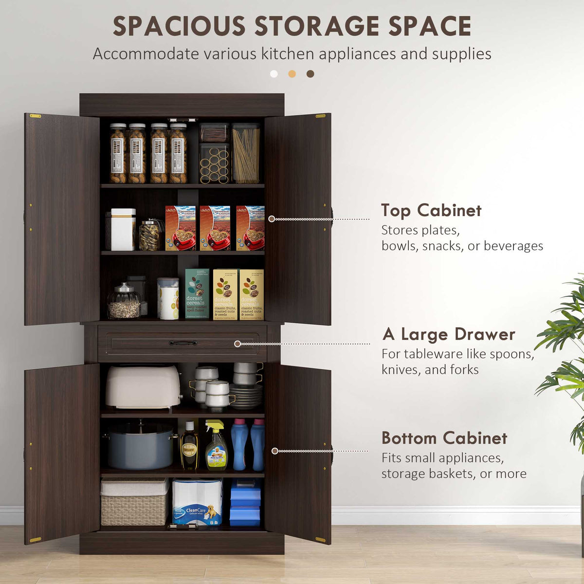 Freestanding Kitchen Pantry with 4 Doors and 2 Cabinets – 32"W x 71"H