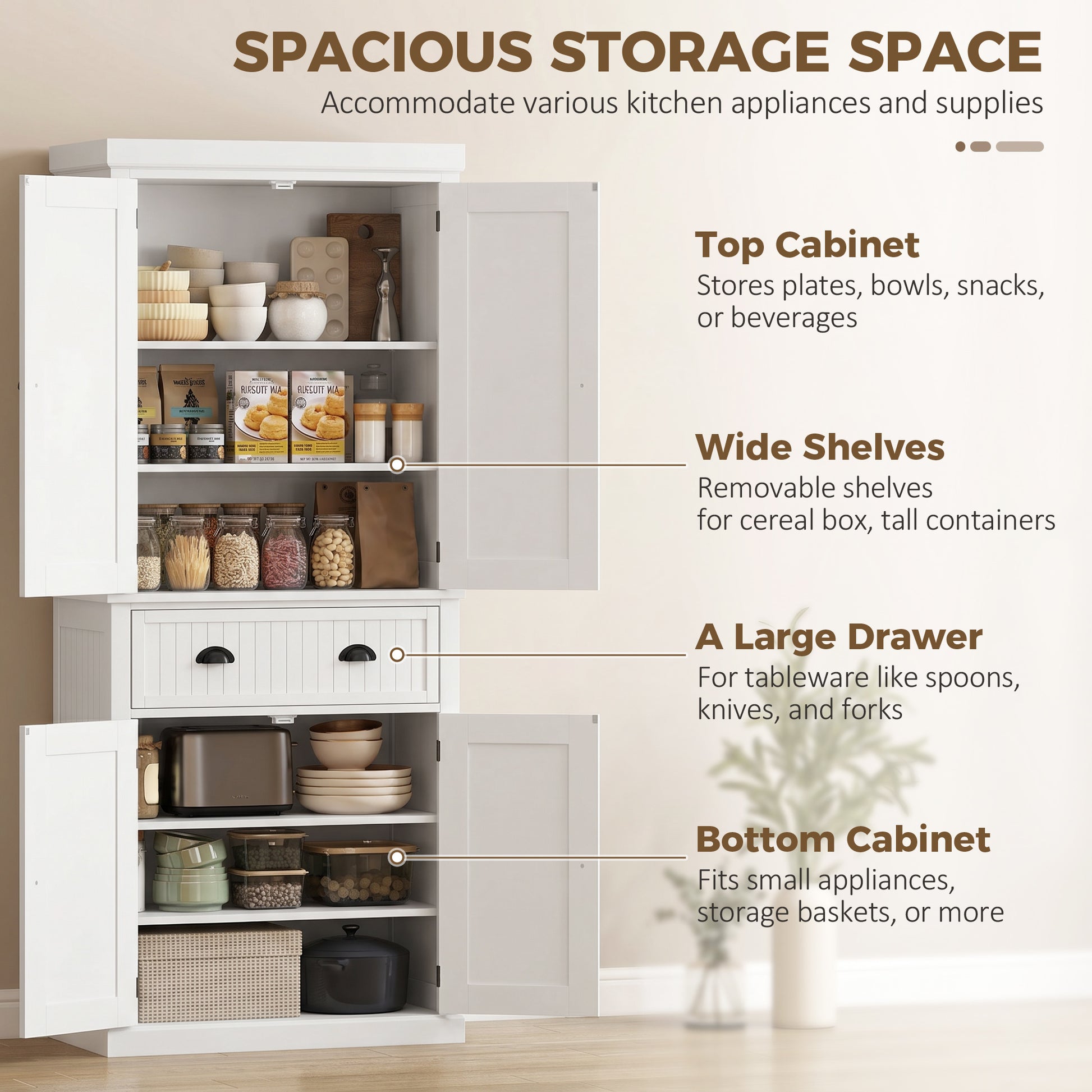 HOMCOM 72" Kitchen Pantry, Freestanding Storage Cabinet with Drawer, Doors, White