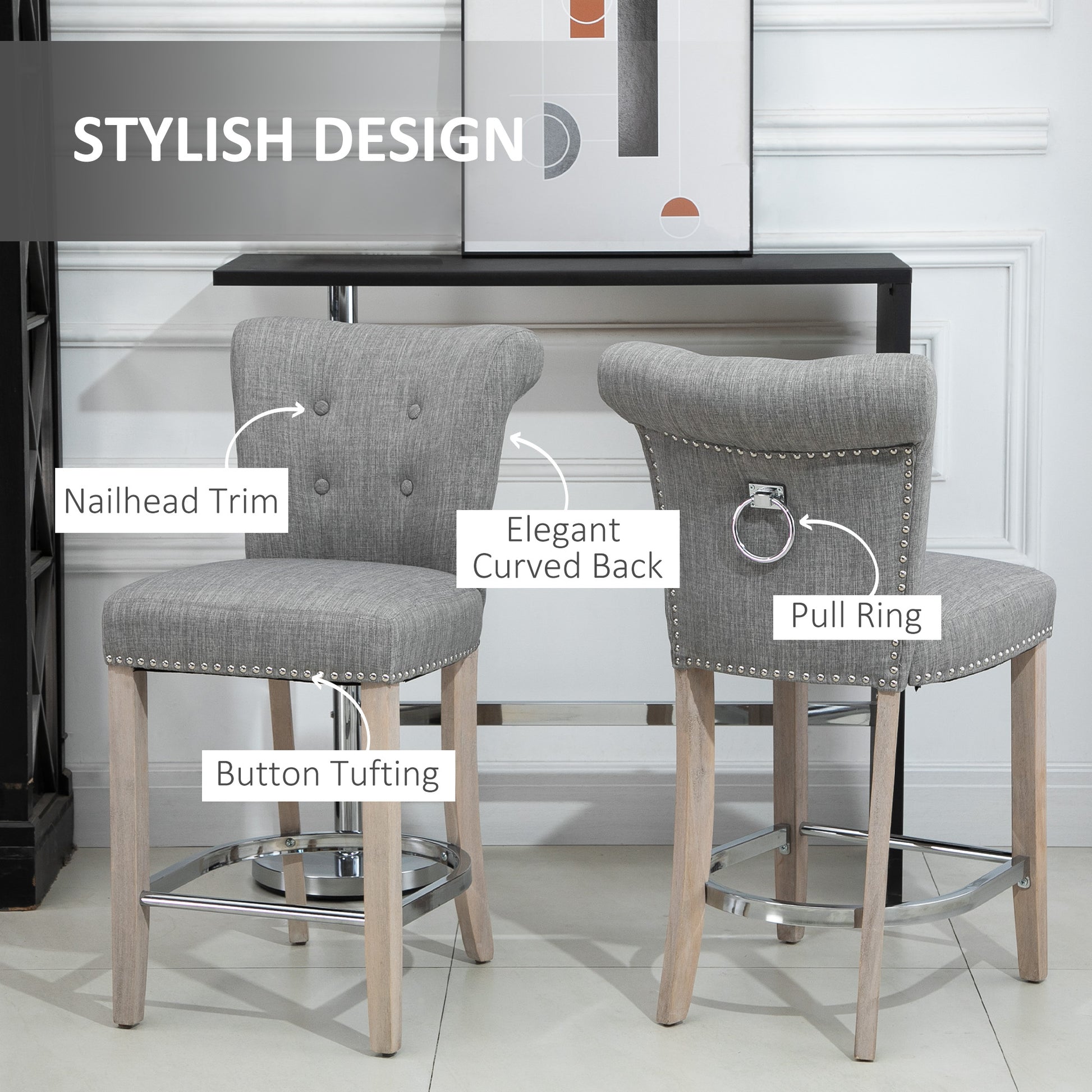 HOMCOM Grey Linen Counter Bar Stools, Set of 2, Solid Wood Legs