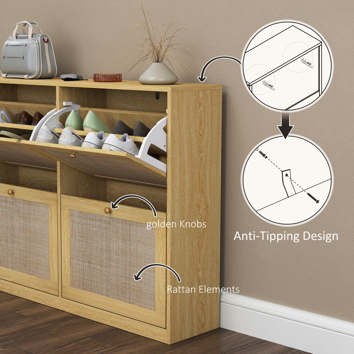Rattan Shoe Cabinet with 4 Flip Drawers – 41"W x 32"H