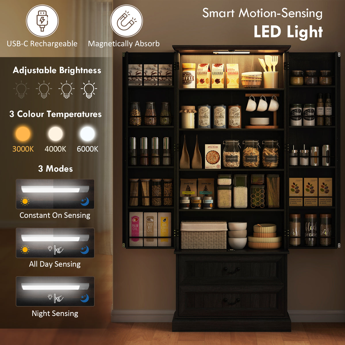 LED Kitchen Pantry Cabinet with 10 Door Shelves and 2 Drawers – 30"W x 72"H