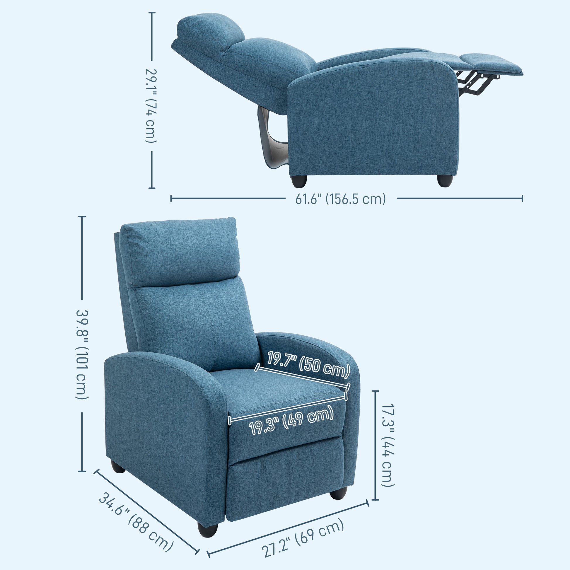 HOMCOM Manual Fabric Recliner Sofa Chair with Padded Seat, Blue
