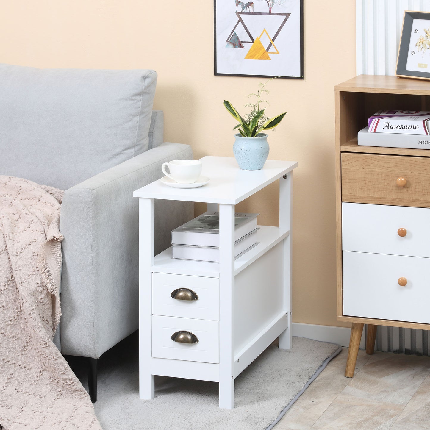 HOMCOM Modern Slim White End Table with 2 Drawers and Storage Shelf