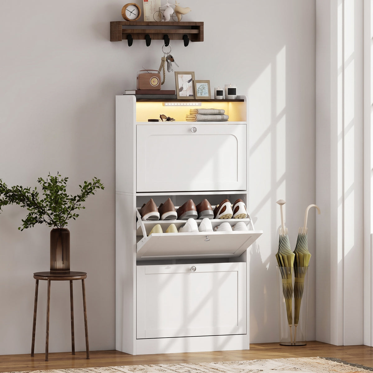 Shoe Cabinet with 3 Flip Drawers and Sensor Light – 24"W x 54"H