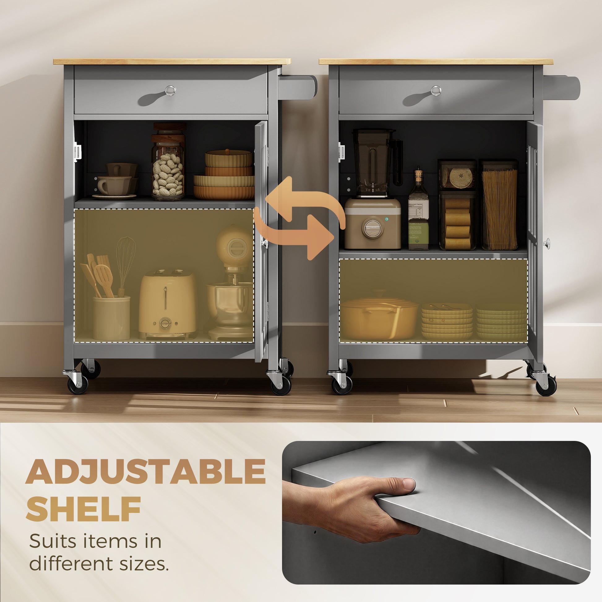 HOMCOM Rolling Kitchen Cart Drawer and Glass Door, Dark Grey
