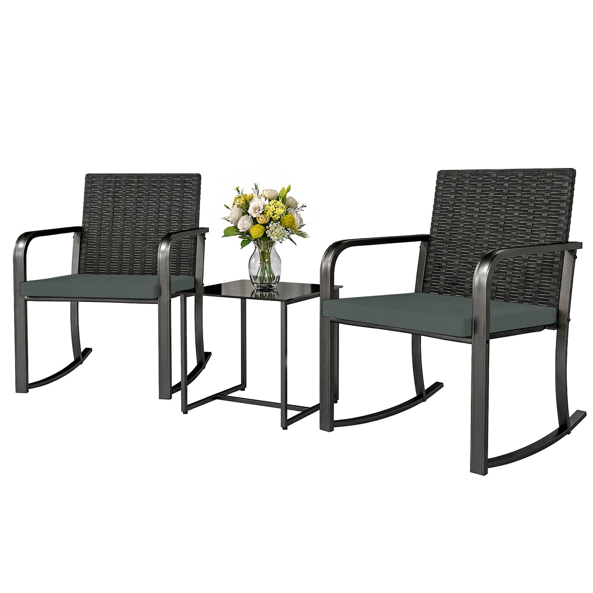 3 Pieces Rocking Bistro Set Outdoor Patio Furniture Set with Cushions, Glass Coffee Table for Balcony – Grey