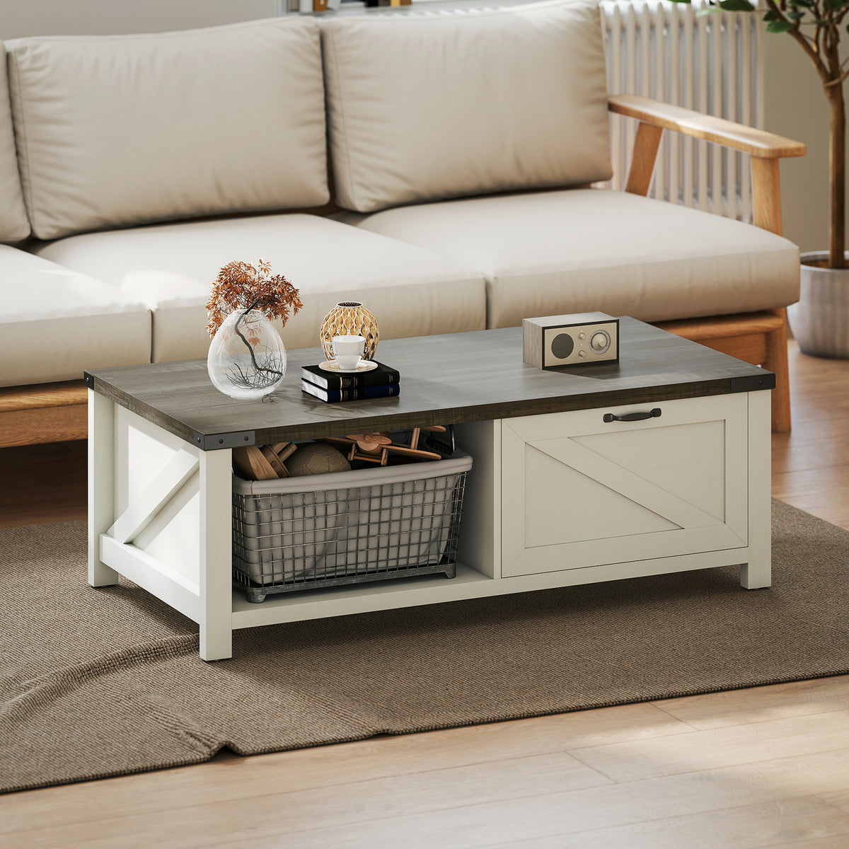 Farmhouse Coffee Table with Barn-Door Drawer and Open Shelf, Distressed White