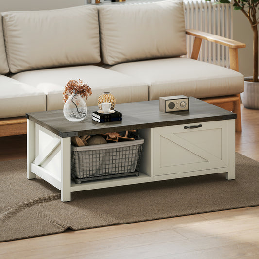 Farmhouse Coffee Table with Barn-Door Drawer and Open Shelf, Distressed White