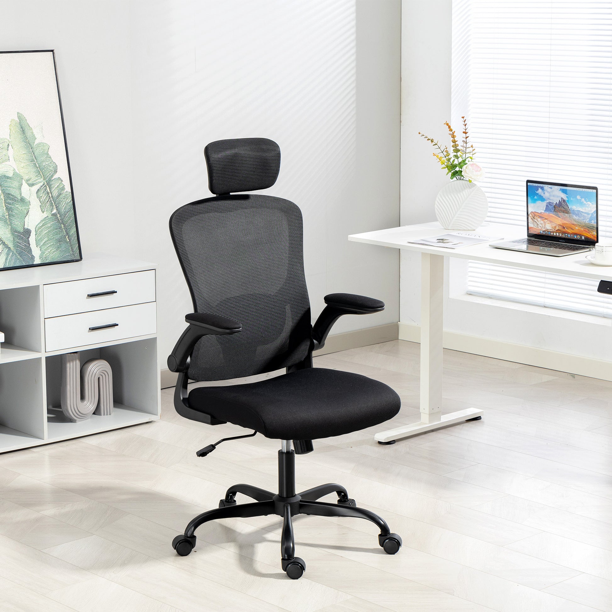 HOMCOM Ergonomic Mesh Office Chair: Adjustable Headrest, Lumbar Support, Flip-Up Arms, Black