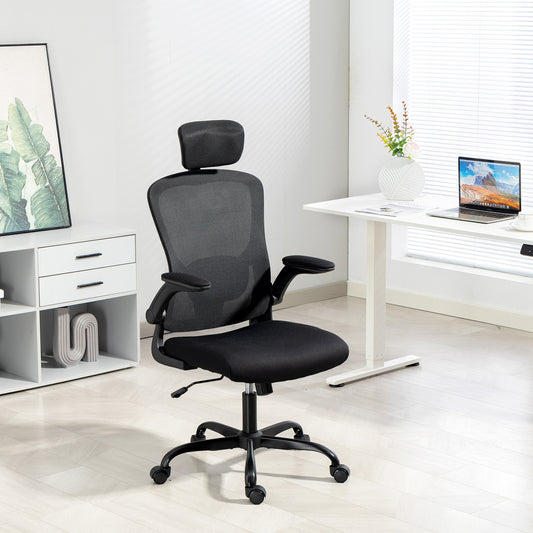 HOMCOM Ergonomic Mesh Office Chair: Adjustable Headrest, Lumbar Support, Flip-Up Arms, Black