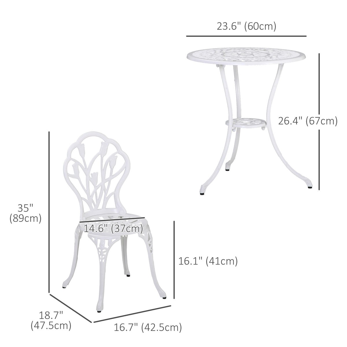 3PCs Patio Bistro Set, Outdoor Cast Aluminum Garden Table and Chairs with Umbrella Hole for Balcony, Bronze – White