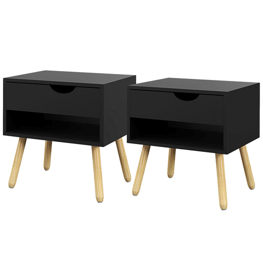 Set of 2 Modern Black Nightstands with Drawer, Shelf, Wooden Legs for Bedroom