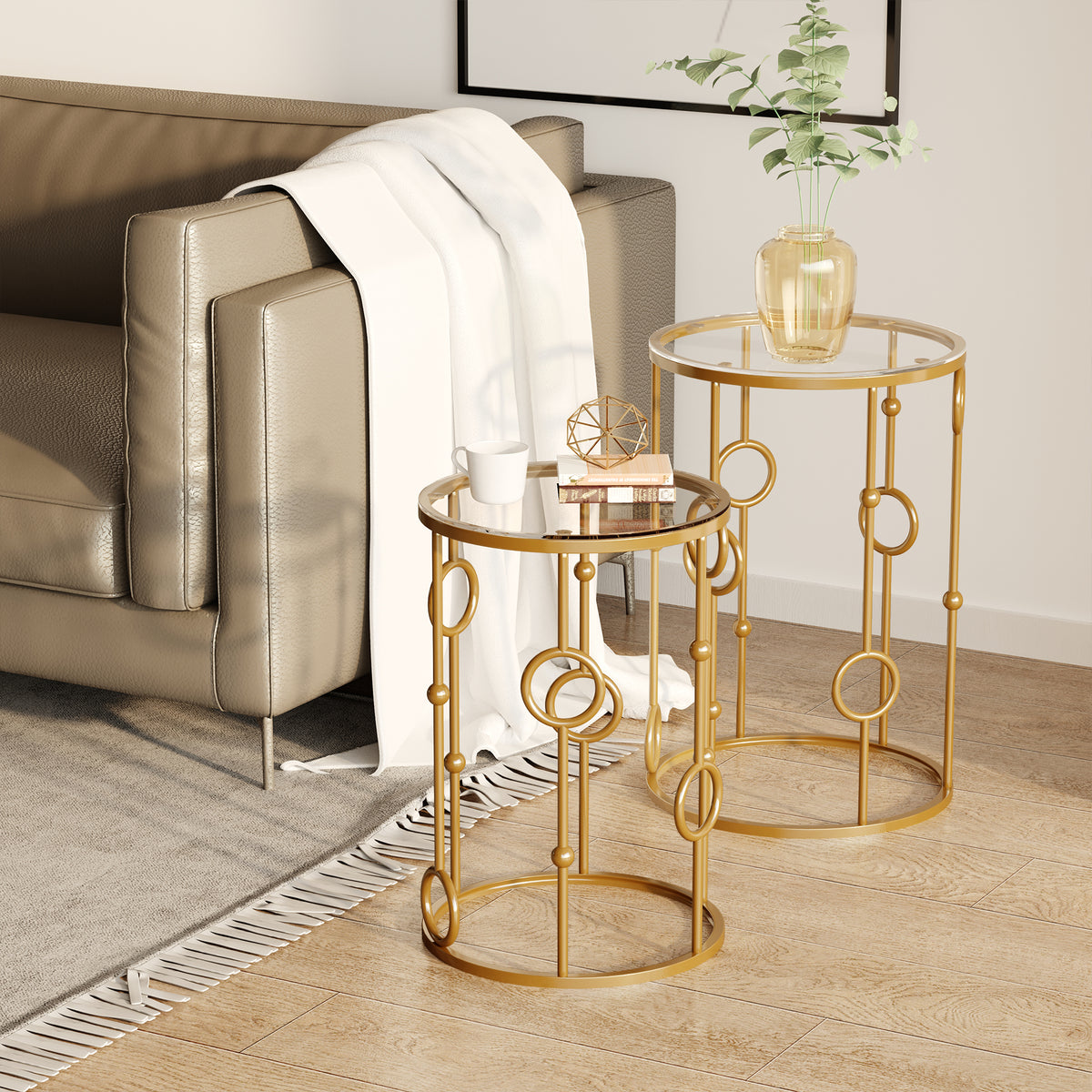 Gold Round Nesting Coffee Tables, Set of 2, Tempered Glass Top