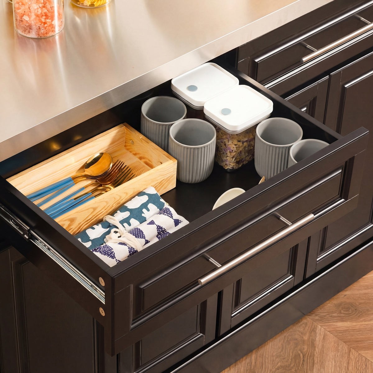 Rolling Kitchen Island with Stainless Steel Top – 57"W x 37"H