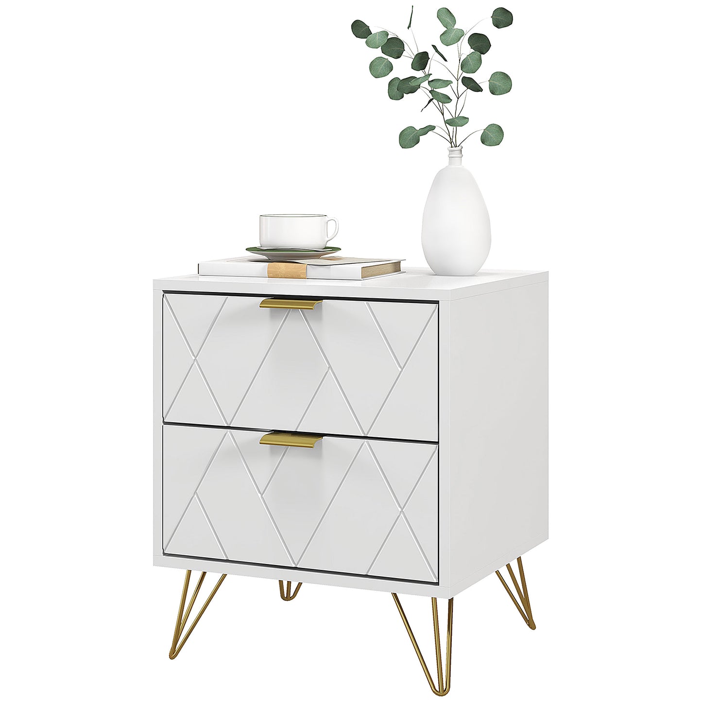 Modern White Bedside Table Accent Nightstand with 2 Storage Drawers, Hairpin Legs