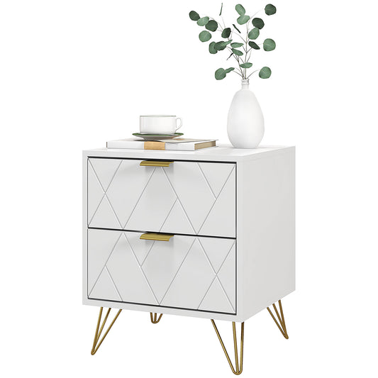 Modern White Bedside Table Accent Nightstand with 2 Storage Drawers, Hairpin Legs