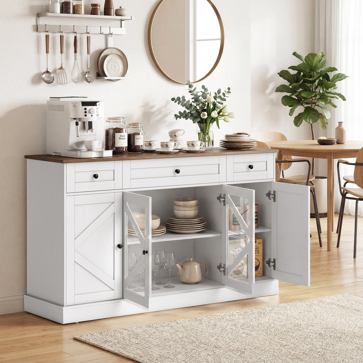 Farmhouse Kitchen Storage Cabinet with Acrylic Barn Doors and 3 Drawers – 54"W x 31"H