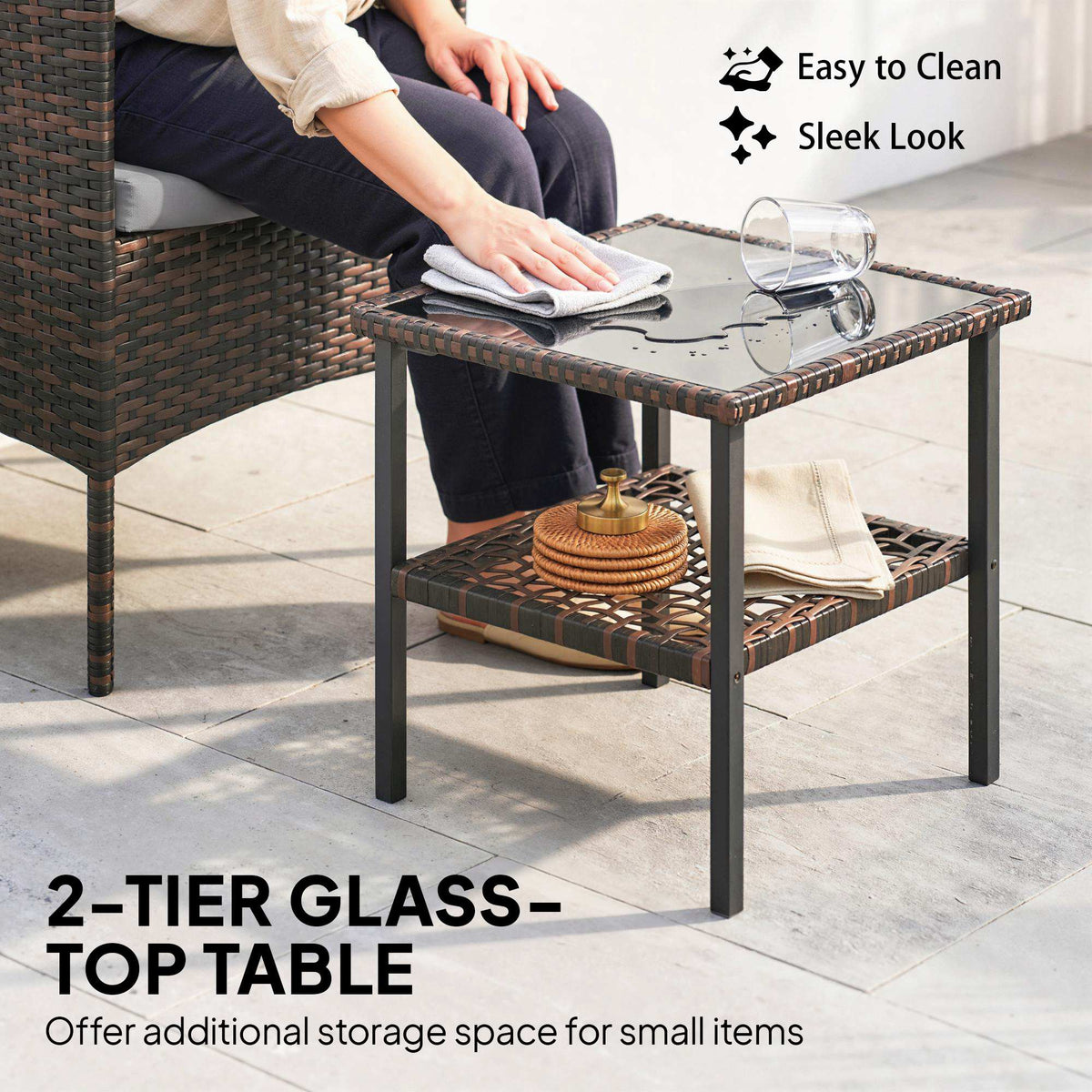 Wicker Bistro Set, 3 Piece Patio Furniture Set with 2-Tier Glass Top Table, Cushions for Balcony, Porch