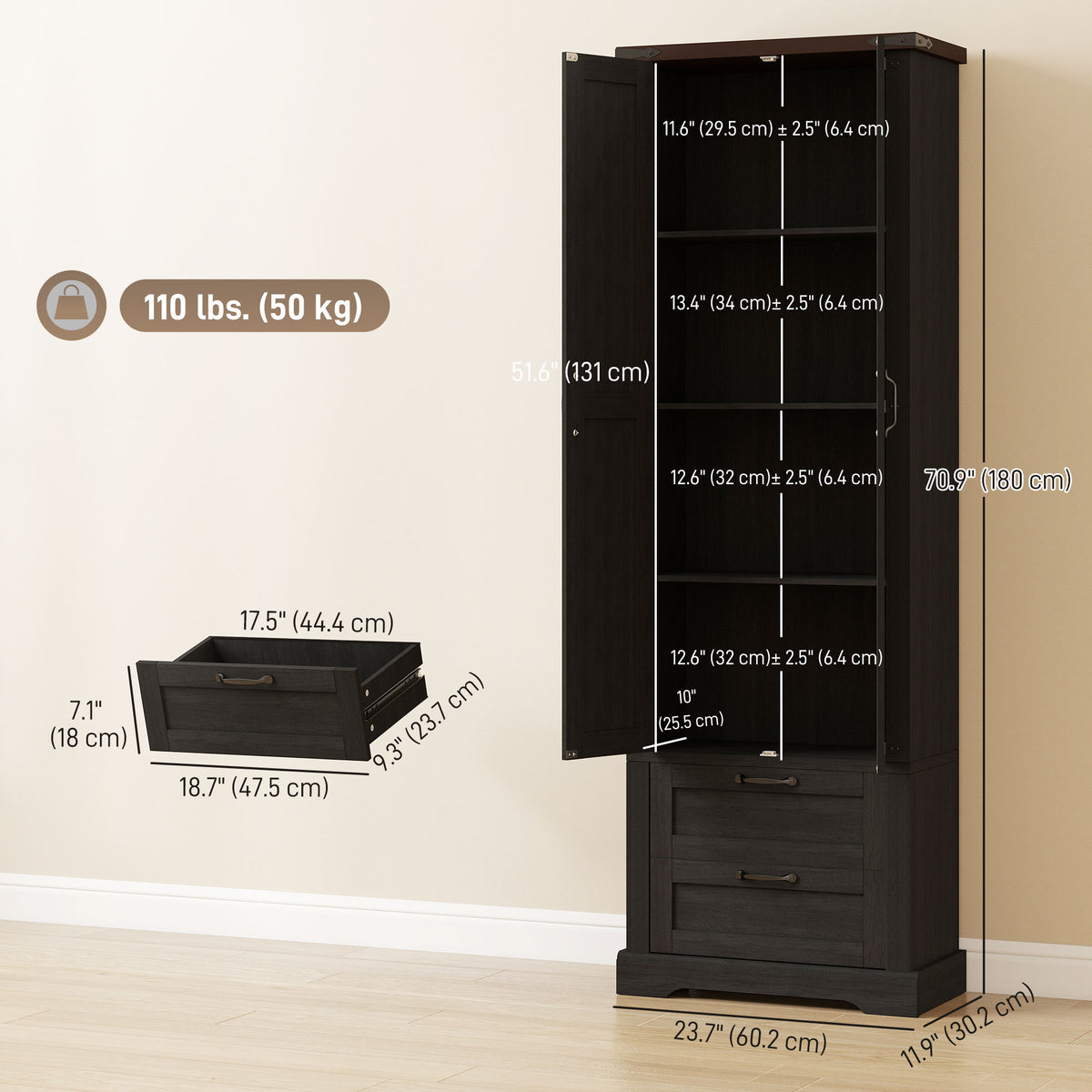 Farmhouse Kitchen Storage Cabinet with 2 Drawer and Adjustable Shelves – 24"W x 71"H