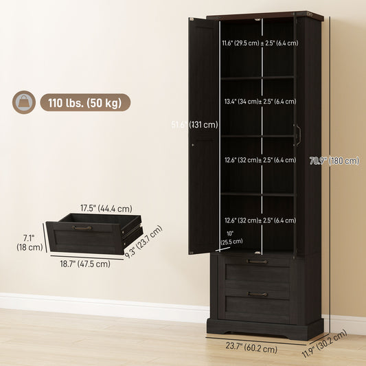 Farmhouse Kitchen Storage Cabinet with 2 Drawer and Adjustable Shelves – 24"W x 71"H