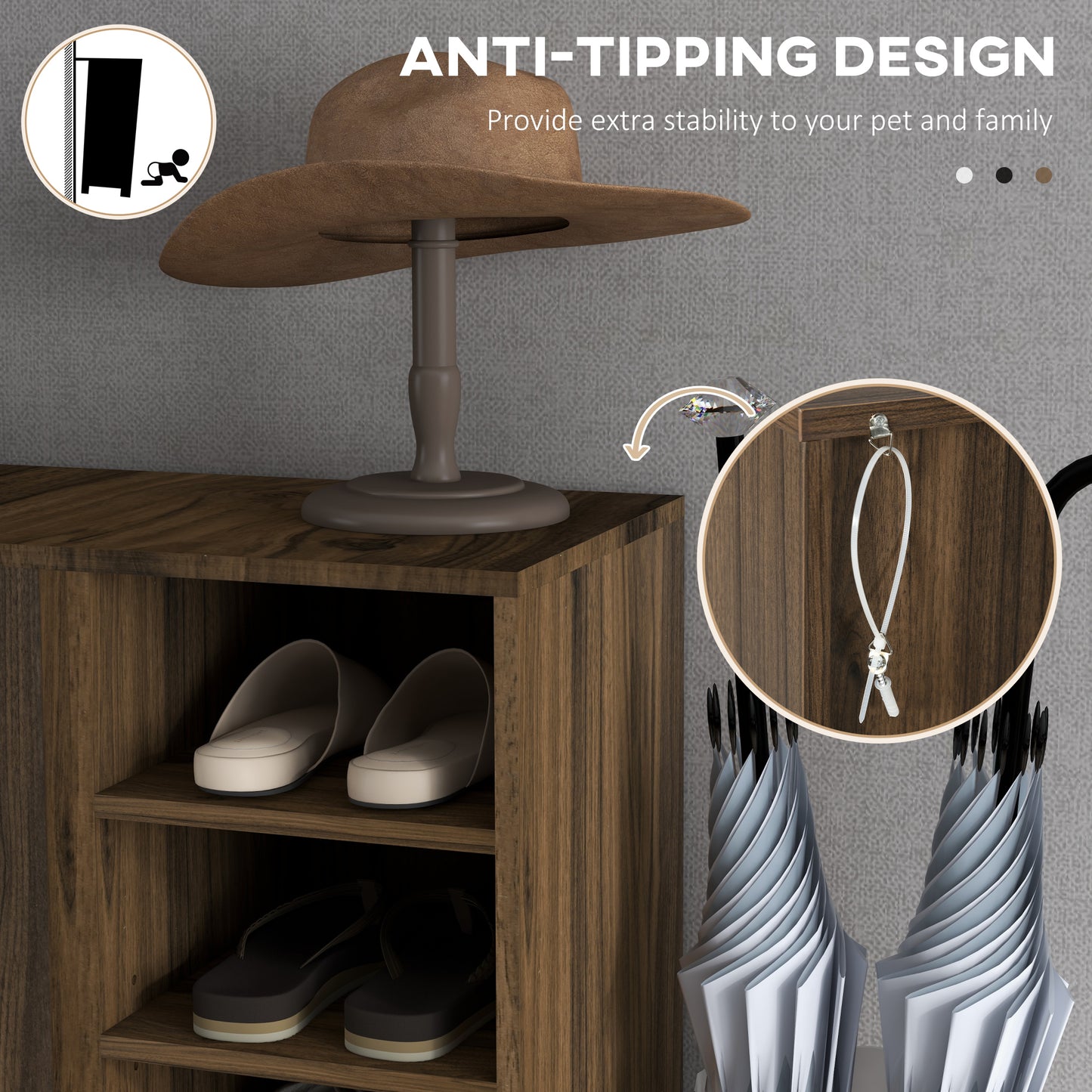 HOMCOM Walnut Shoe Storage Organizer with Double Doors and Open Shelves