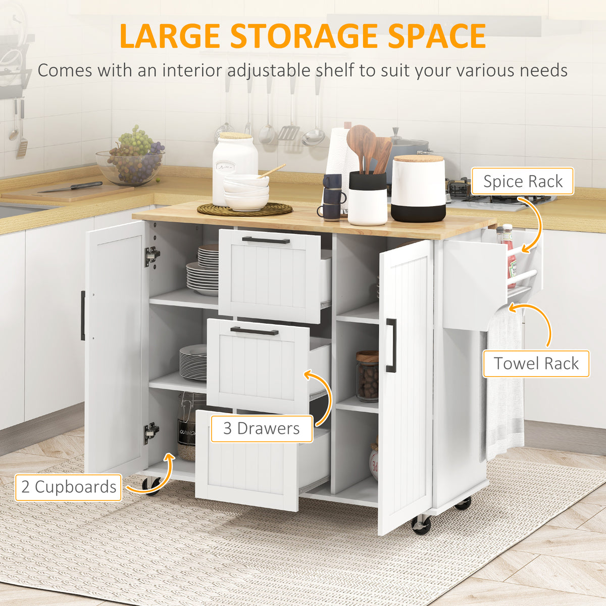 Rolling Kitchen Cart on Wheels with Drop Leaf – 52"W x 36"H