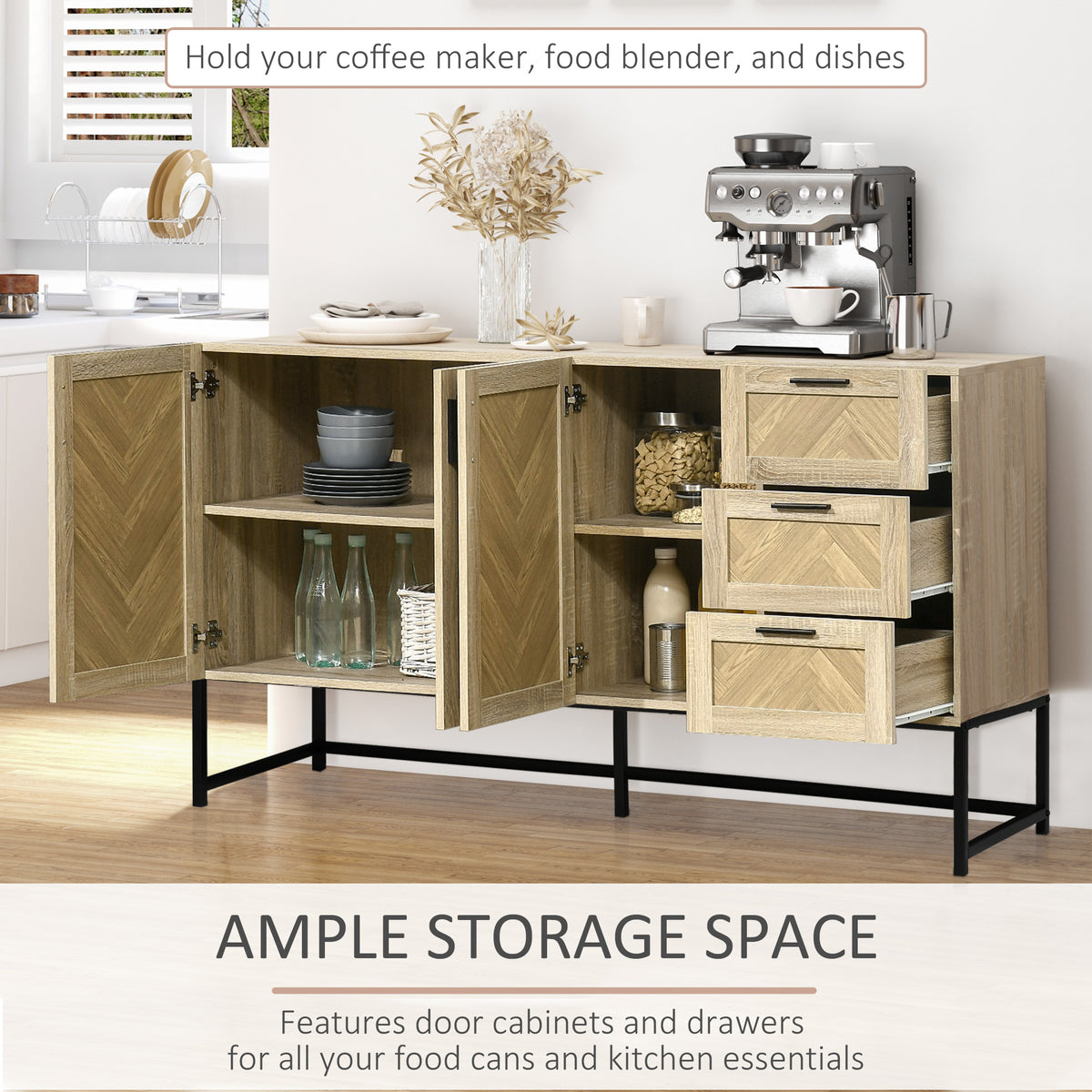 Buffet Cabinet with Drawers and Adjustable Shelves – 62"W x 34"H