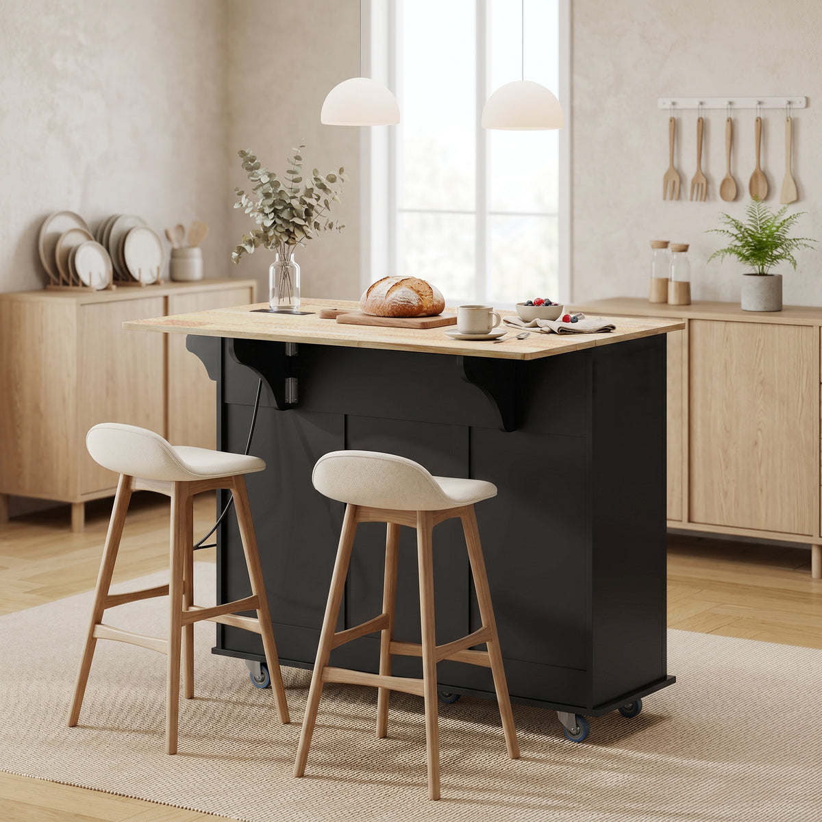 Kitchen Island on Wheels with Wood Drop Leaf – 47"W x 37"H