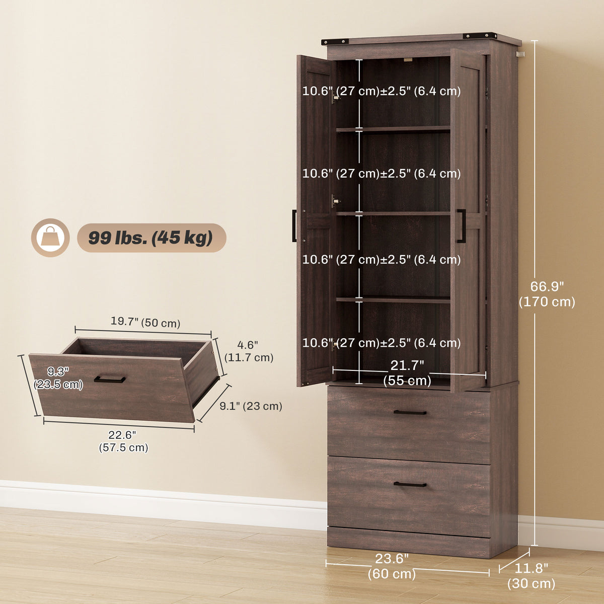 Kitchen Pantry Cabinet with Doors – 24"W x 67"H