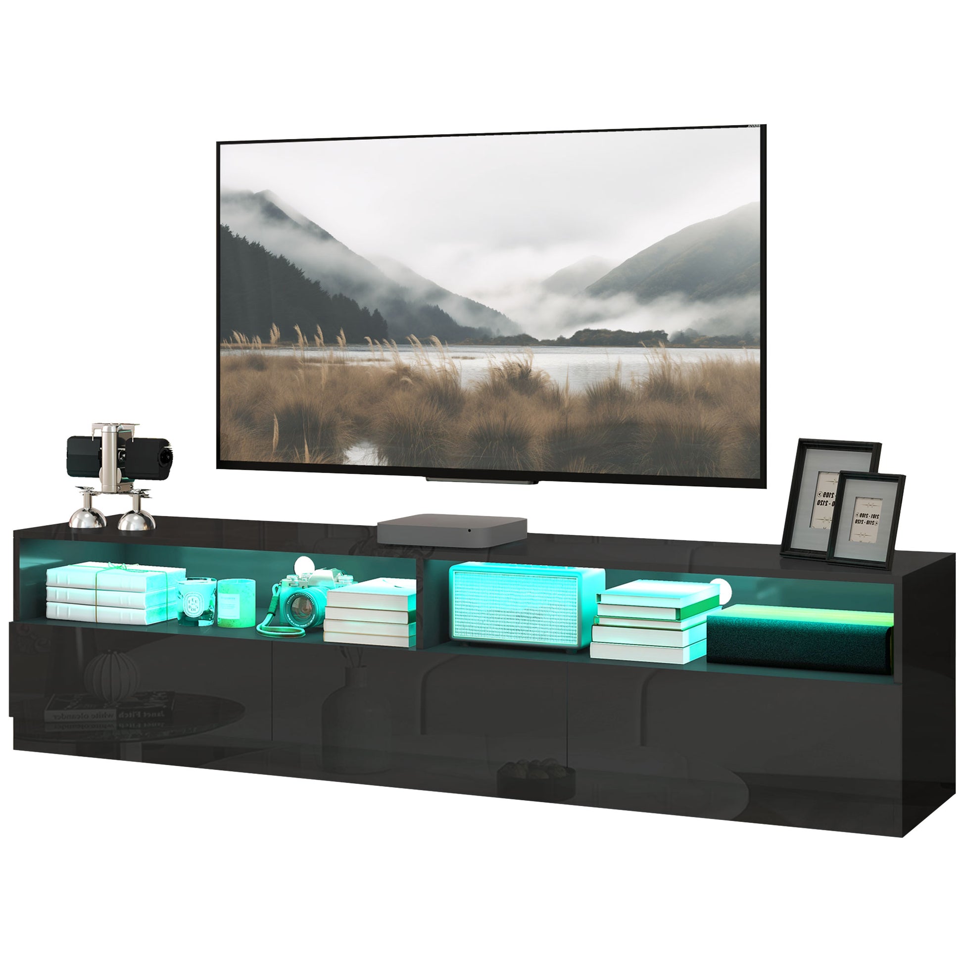 HOMCOM Modern LED Lighted TV Stand for 75 Inch TVs, High Gloss Black
