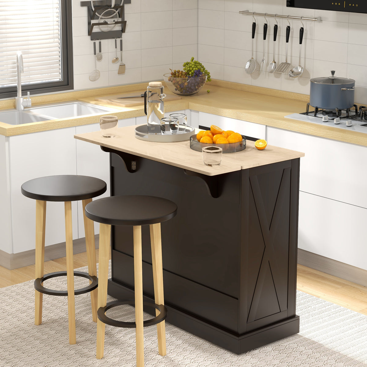 Rolling Kitchen Island with Drop Leaf Wood Breakfast Bar – 41"W x 36"H