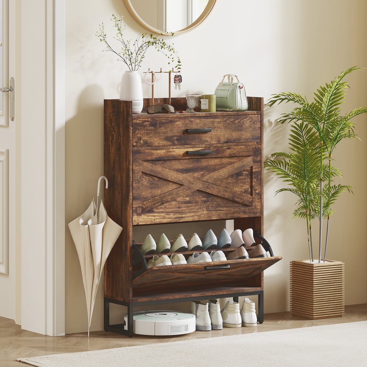 HOMCOM Slim Rustic Brown Shoe Cabinet: 2 Flip Drawers, Adjustable Shelves, 12 Pair Storage Organizer