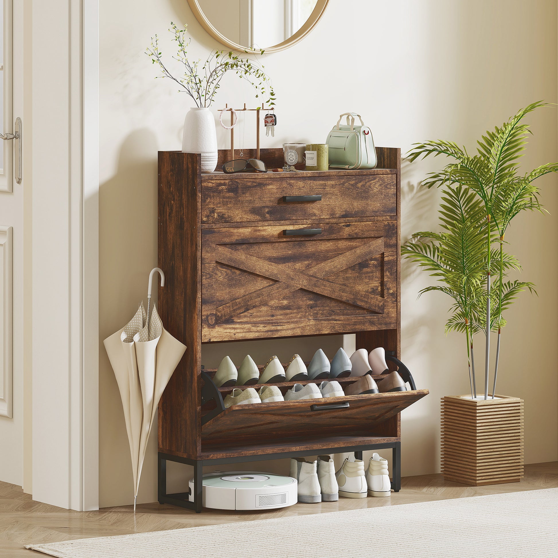 HOMCOM Slim Rustic Brown Shoe Cabinet: 2 Flip Drawers, Adjustable Shelves, 12 Pair Storage Organizer