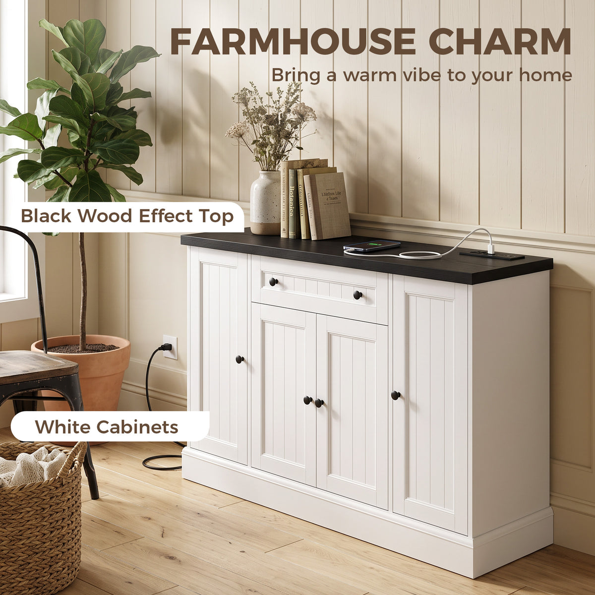 Farmhouse Sideboard Buffet Cabinet with Charging Station – 47"W x 31"H