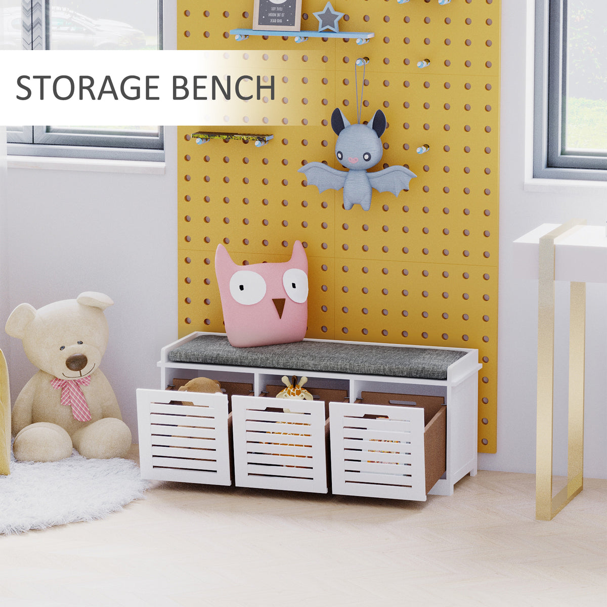 Upholstered Shoe Storage Bench with Padded Cushion – 43"W x 17"H