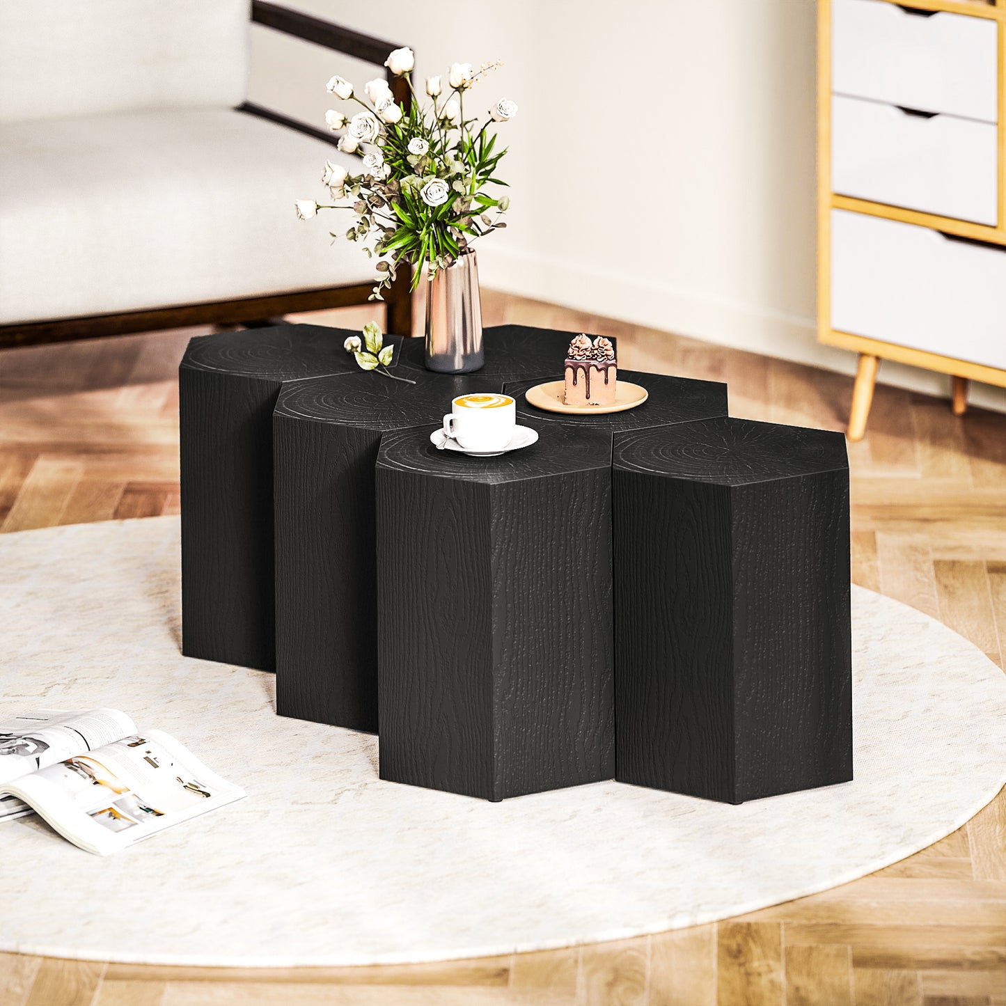HOMCOM Hexagonal Side Table, Small End Table with Adjustable Feet, Black Wood Grain