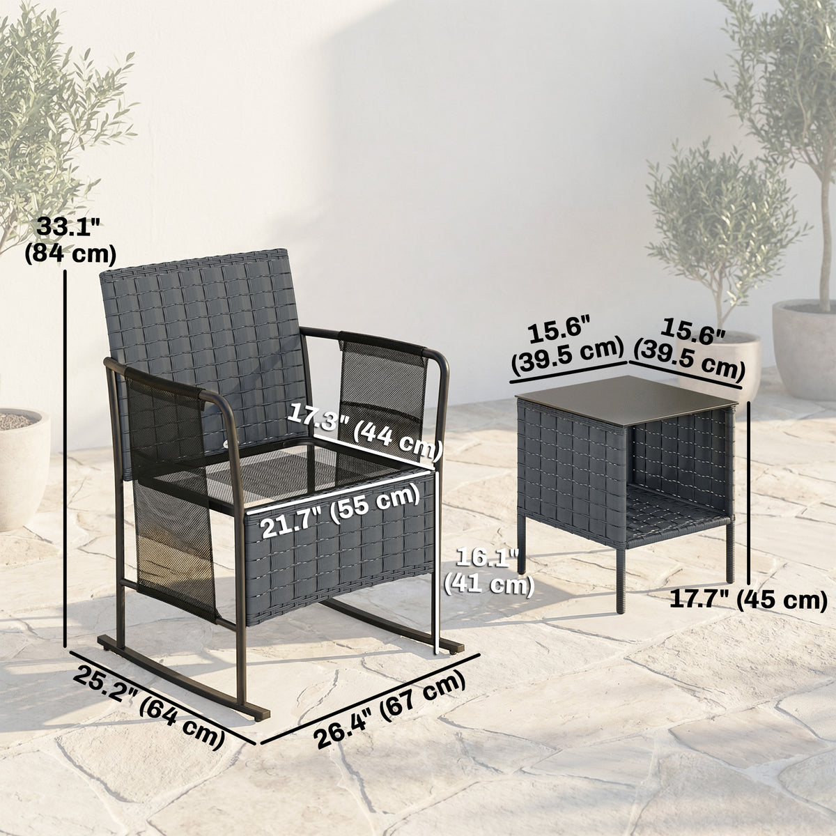 3 Pieces Rocking Bistro Set Outdoor Patio Furniture Set with Side Pockets, Mesh Seat, Cushions, 2-Tier Table