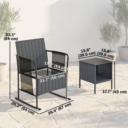 3 Pieces Rocking Bistro Set Outdoor Patio Furniture Set with Side Pockets, Mesh Seat, Cushions, 2-Tier Table